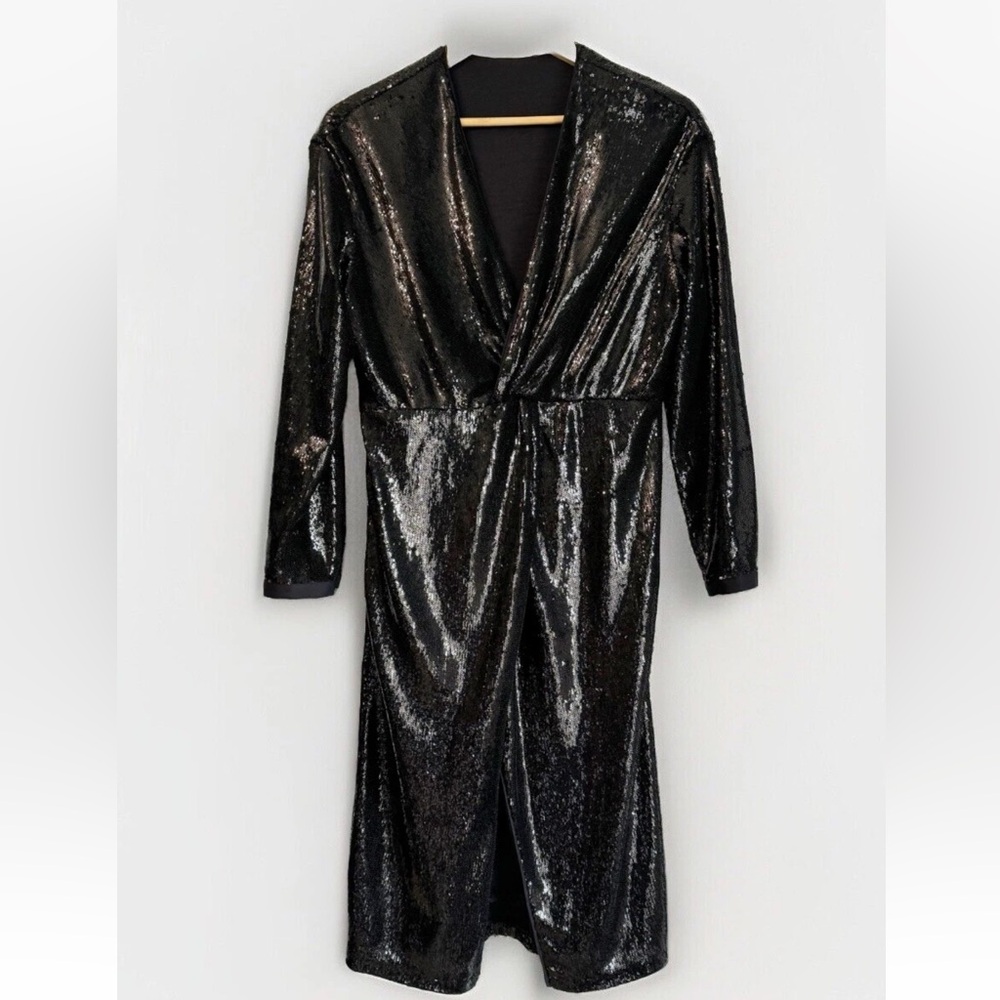Anthropologie Women’s 8 Black Twist-Front All Over Sequin Dress Glam RARE - Picture 3 of 11